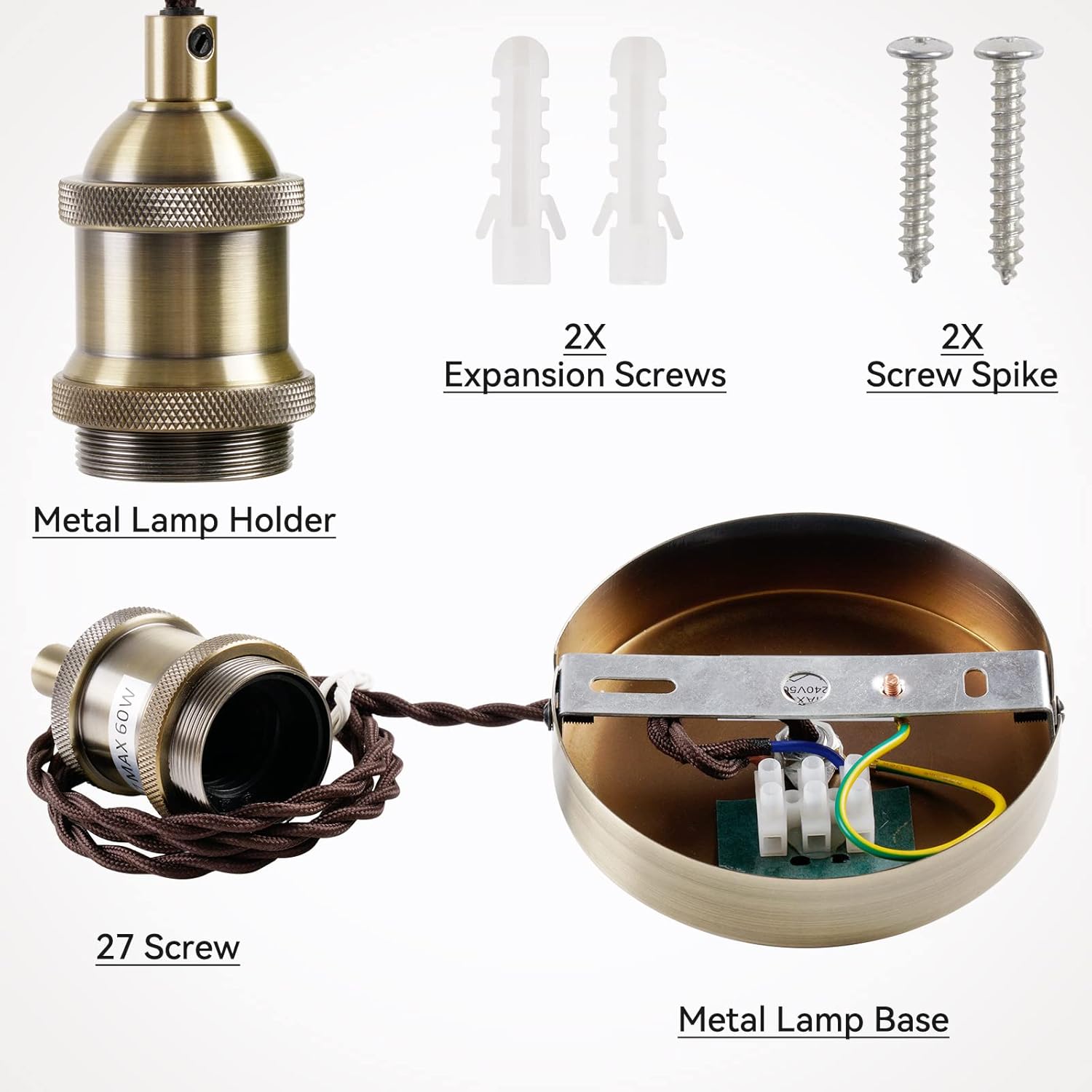 Metal lamp holder, base, screws, and spike components on a white background