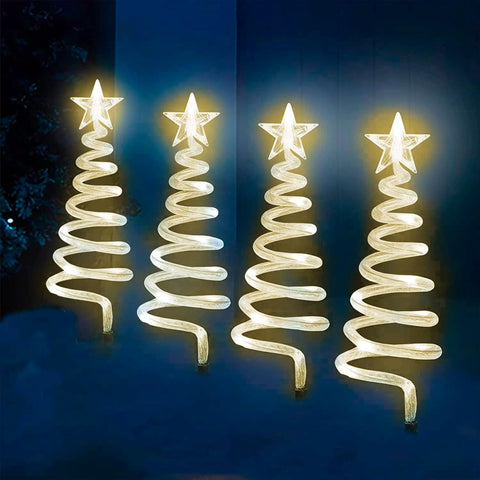 Festive Fix 40 LED Spiral Christmas Tree Pathway Lighting - Set of 4 White Outdoor Christmas Decorations for Garden Paths, Energy-Efficient Xmas Lights for Pathway, Festive Yard & Holiday Displays