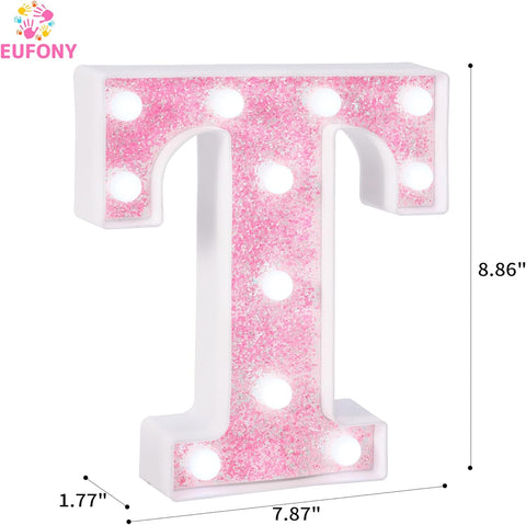 LED Pink Glitter Marquee Letter T with Cool White Lights