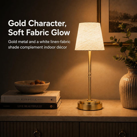 Rechargeable Cordless Table Lamp, 6000mAh Dimmable LED Bedside Lamp, Gold Metal & Linen Shade, 3000K Warm White