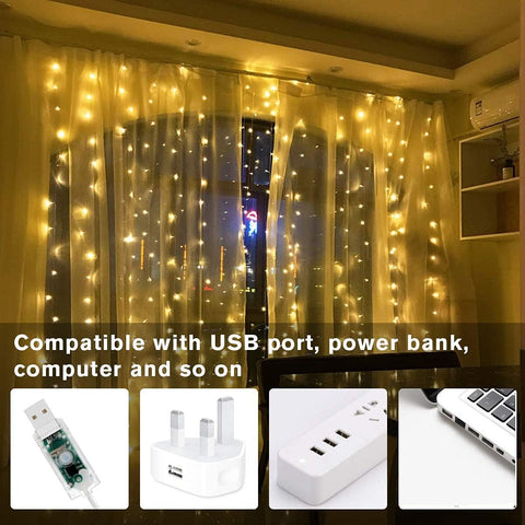 Unihoh Warm White LED Curtain Fairy Lights 3x3m 300 LEDs USB – UK