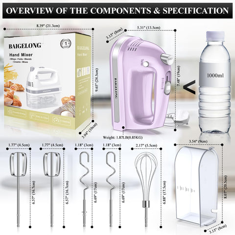 Hand Electric Mixer 300W – 5-Speed Handheld Blender with Turbo & 5 Stainless Steel Attachments for Baking – Purple