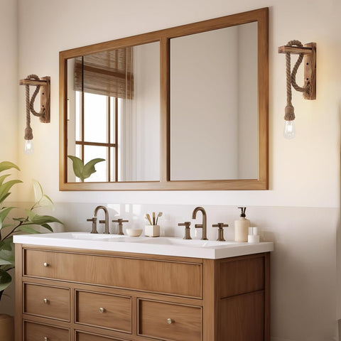 Farmhouse Wood Wall Sconce Hemp Rope Set of 2