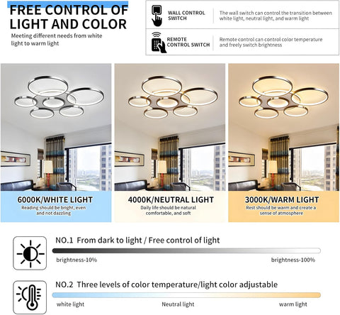 Ceiling light fixture with control options for light and color temperature in a home setting.