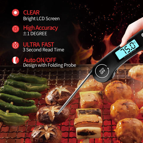 Digital Meat Thermometer Black – Instant Read Food Thermometer with Backlight & Foldable Probe