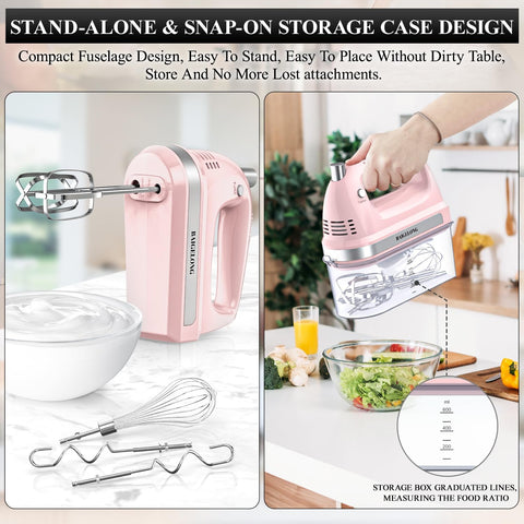 300W Hand Electric Mixer – 5 Speeds + Turbo, 5 Stainless Steel Attachments, Pink, Ultra Power Kitchen Baking Blender