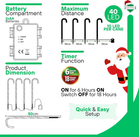 ADEPTNA 4 Piece 40 LED Christmas WARM WHITE CANDY CANE LED LIGHTS with Timer Function Battery Powered Xmas Outdoor Patio Pathway Drive Way Decoration