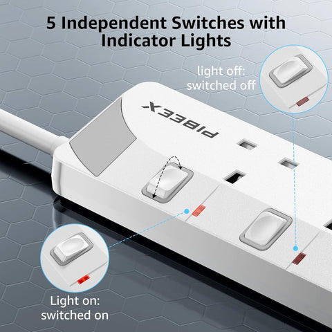 Extension Lead with USB Slots, Plug Extension Socket with Individual Switches, 4 Way Extension Lead with 1 USB C (PD 20W) and 2 USB A, 2 Meters Wall Mounted Extension Cable 13A 3250W for Home