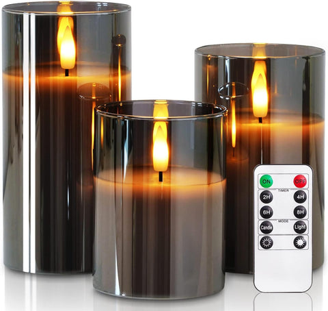 Real Wax LED Candles Flickering, Clear Glass Shell, Grey, Set of 3 500+ Hours Long Lasting Gothic Battery Operated Candles with Remote Control, Timer and Realistic 3D Wick for Halloween Party