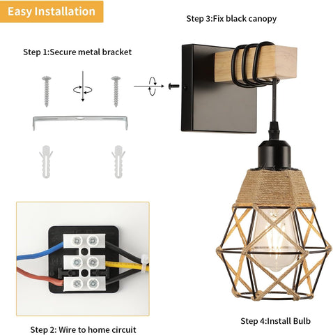 Vintage Industrial Wall Lights with Wood Arm 2 Pack