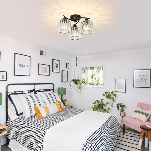 Black Ceiling Light Fitting, 3-Lights Modern Flush Ceiling Lights with Crystal Glass Shade, Black Crystal Chandelier for Living Room, Bedroom, Bathroom, Hallway, Kitchen