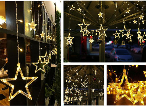 Christmas Star Window Lights – 2.5M 138 LED Curtain String Lights with 12 Hanging Stars, Warm White Fairy Lights with Remote & 8 Modes for Holiday, Party, Wedding, Home Décor