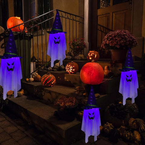 Jsdoin Halloween Hanging Ghost Lights – Battery Powered LED Grim Reaper Skull & Wizard Hat Decorations, Waterproof Spooky Garden Lights for Trees, Doors, Yards & Halloween Parties