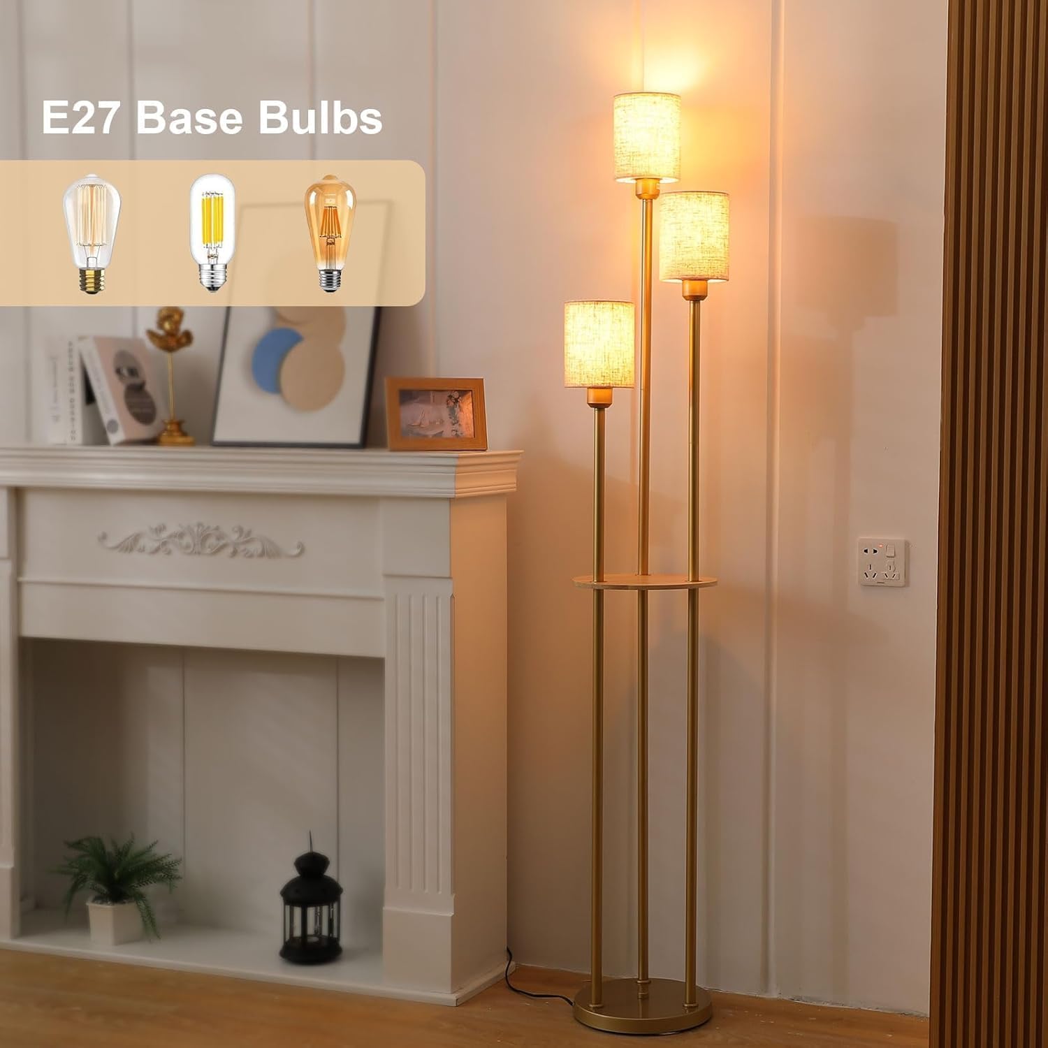 Floor lamp with E27 base bulbs displayed on a wall in a room setting.