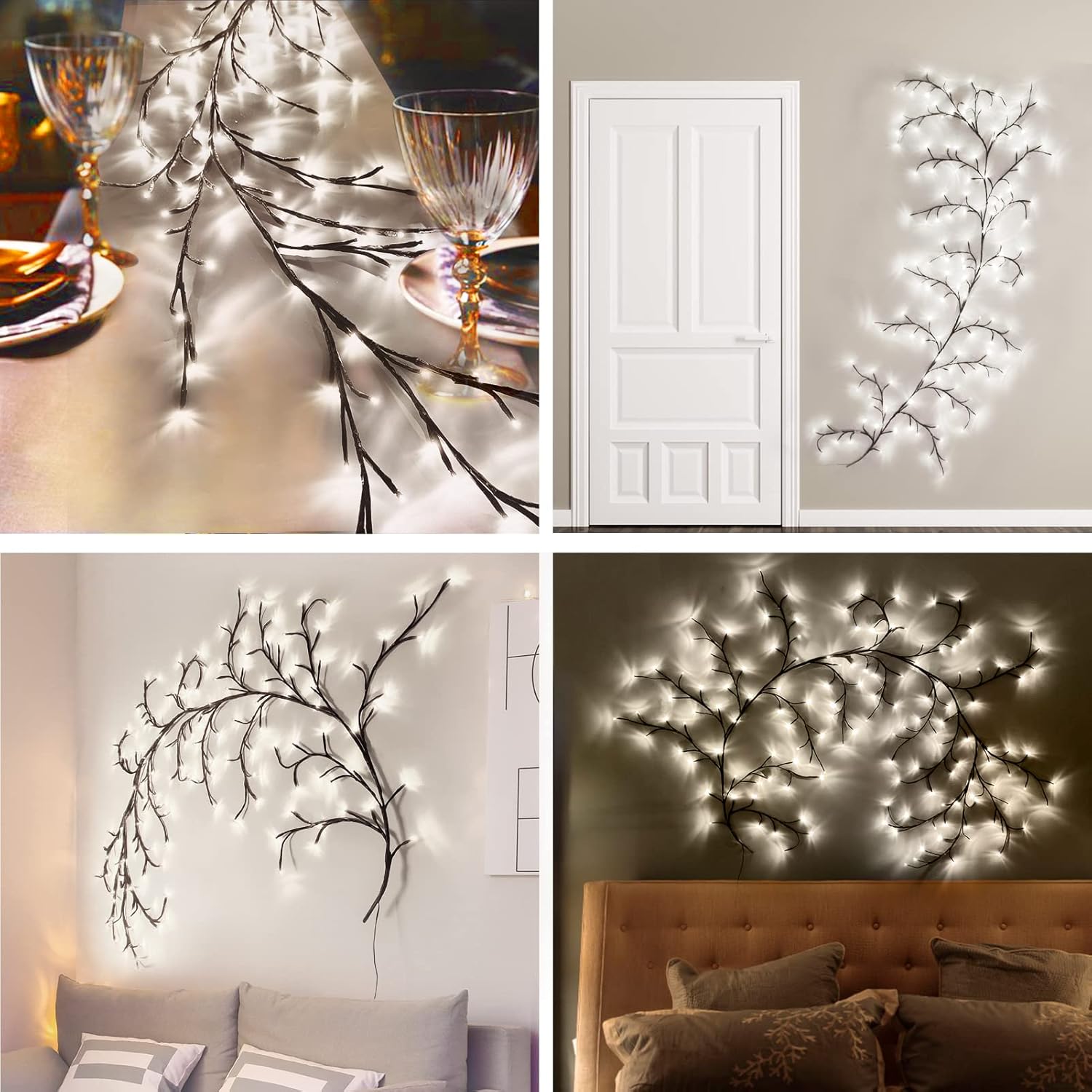 Collage of LED branch lights in various settings including a dining table, wall, and bedroom.