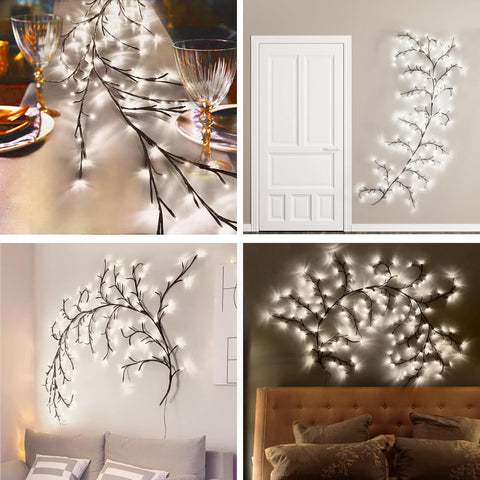 Collage of LED branch lights in various settings including a dining table, wall, and bedroom.