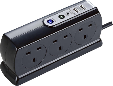 Masterplug Six Socket Switched Inline Power Surge Protected Extension Lead with Two USB Charging Ports, 2 Metres, Gloss Black