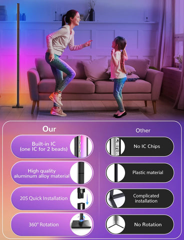 Alexa and Google Assistant compatible smart floor lamp with Wi-Fi app control.

