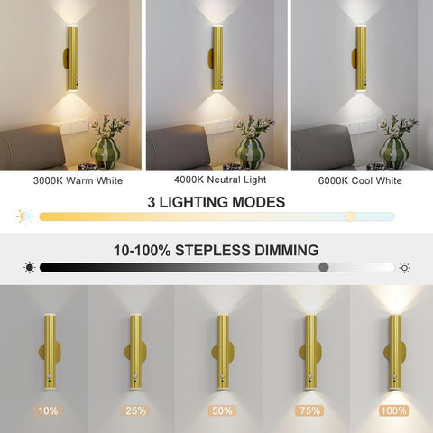 Gold wall sconce with adjustable lighting modes and dimming on a neutral background.