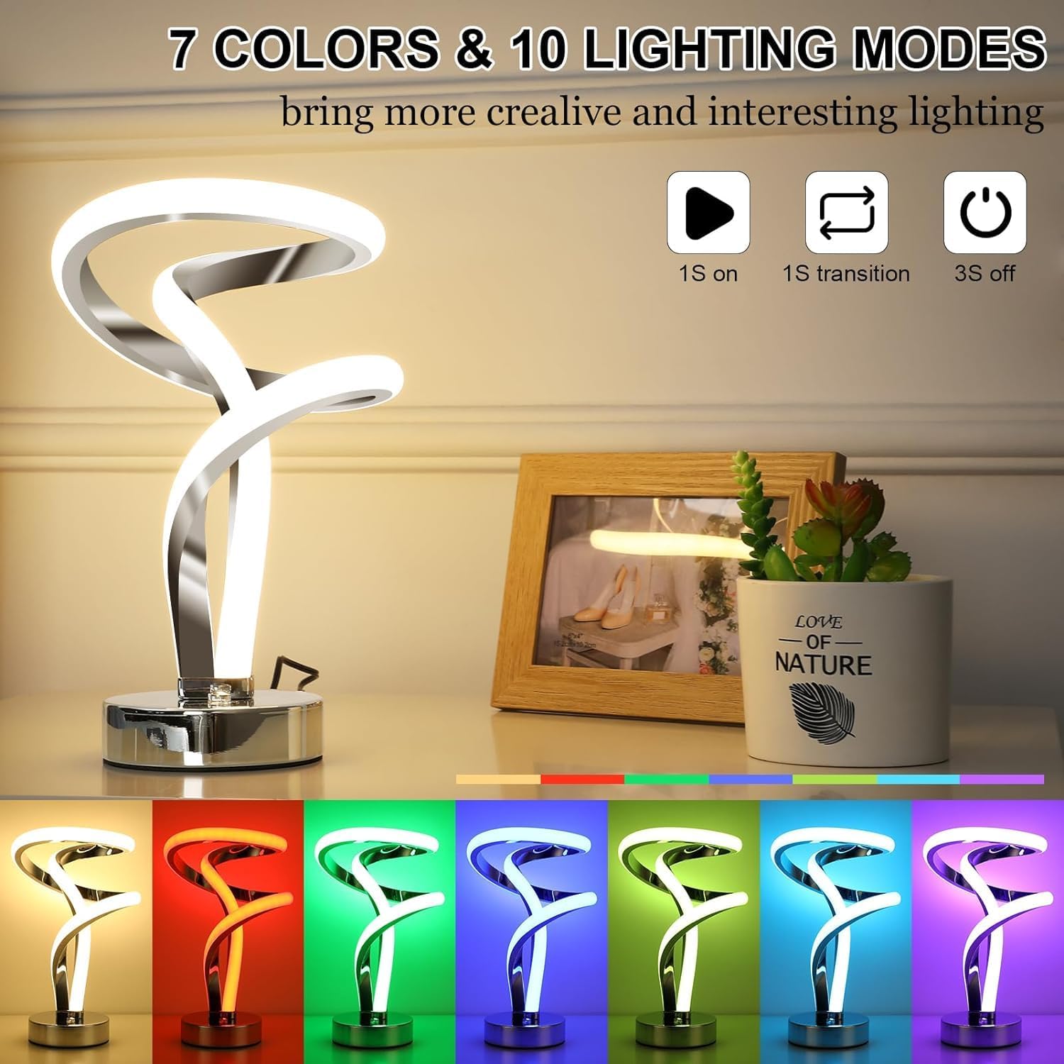 Modern LED desk lamp with 7 colors and 10 lighting modes on a table.
