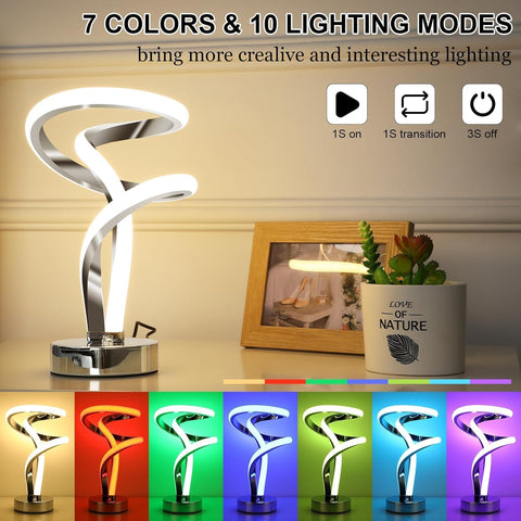 Modern LED desk lamp with 7 colors and 10 lighting modes on a table.