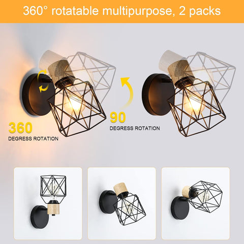 Industrial Wooden Wall Light 2PCS Adjustable Metal Cage Sconces