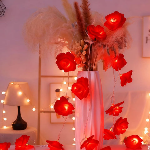 Hot Red Rose Flower Fairy String Lights 6M with 40 LEDs, Battery Operated Decorative Lights for Romantic Décor