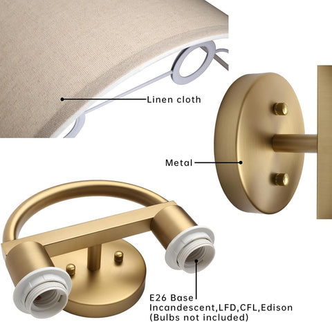 Antique Brass Fabric Wall Light 2 Light Indoor Sconce