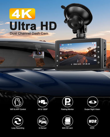 Dash Cam Front and Rear 4K+1080P WiFi with 64GB Card