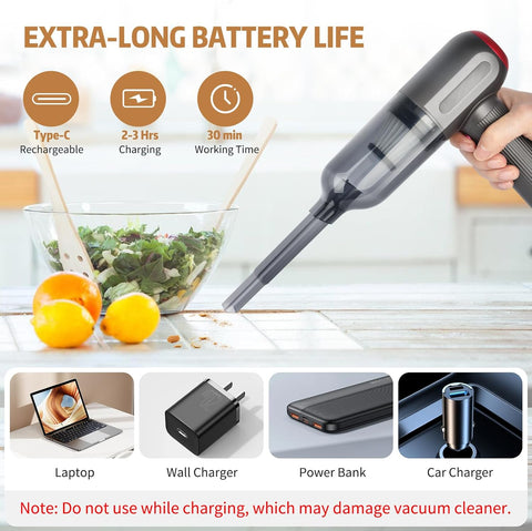 Tiazhan Handheld Cordless Car Vacuum Cleaner – Grey, 9000Pa Powerful Suction