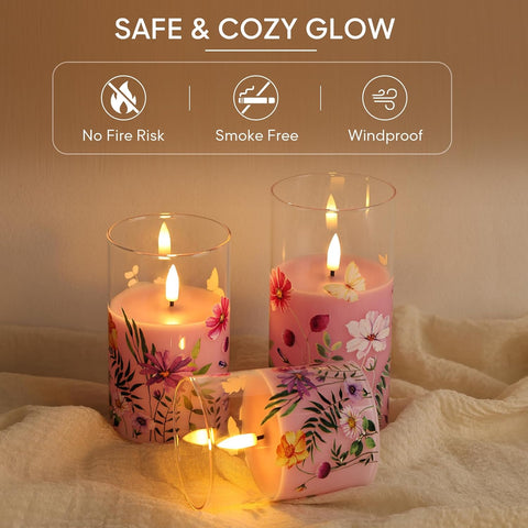 Pink Floral Glass Flameless Candles with Remote & Timer, Flickering Battery Operated LED Pillar Candles Set of 3