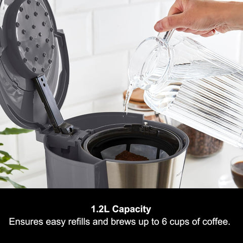10 Cup Filter Coffee Machine with Pour Over Technology, Fast Brew, Anti-Drip, Keep Warm Function, Reusable Filter, Aroma Blender, Grey & Stainless Steel Finish