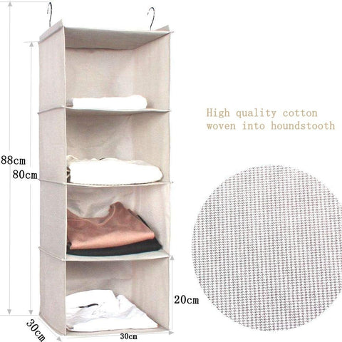 BrilliantJo Hanging Closet Organizer for Clothes Sweaters Advanced cloth 4 shelves Hanging Wardrobe Storage Shelves, Beige Check Washable(31.5 * 12 * 12 inch)