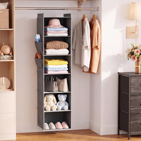 Yirilan 6-Shelf Hanging Wardrobe Organiser with 2 Side Pockets – Foldable Clothes Storage for a Tidier Home