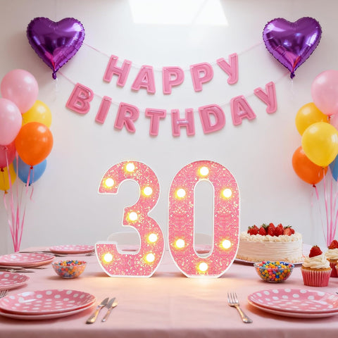 Pink LED Marquee Number 30 Light Sequin Birthday Party Decoration