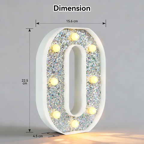 Silver Glitter Light Up Number 0 – 8.86 Inch LED Marquee Lights