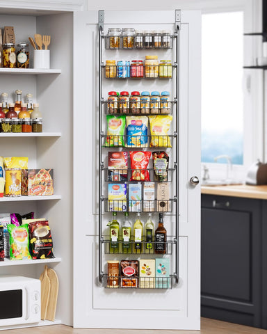 Delamu 8-Tier Over Door Storage Organiser, Adjustable Metal Pantry Shelves, Hanging Spice Rack for Kitchen, Bathroom & Laundry, White