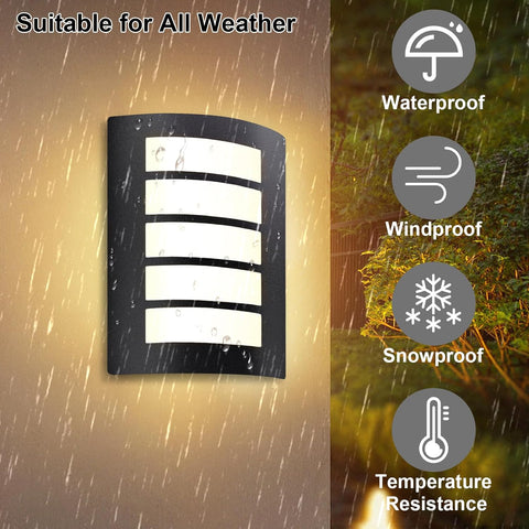 Outdoor wall light fixture with weather resistance features shown in rain and snow conditions.