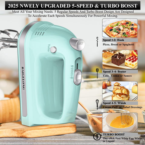 300W Hand Mixer with 5 Speeds + Turbo, 5 Stainless Steel Attachments – Powerful Kitchen Blender for Baking, GREEN