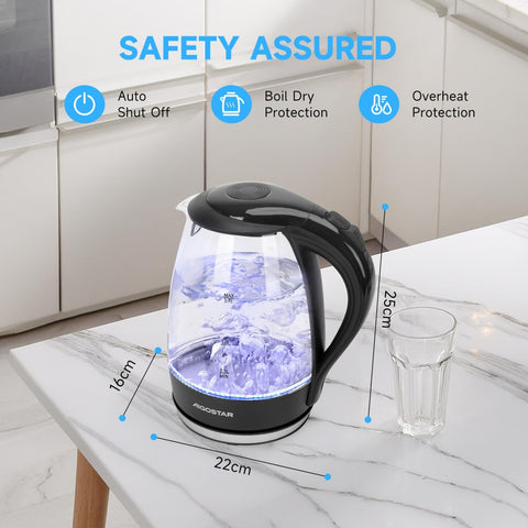 Glass Electric Kettle 1.7L, 2200W Fast Boil, LED Light, Auto Shut-Off