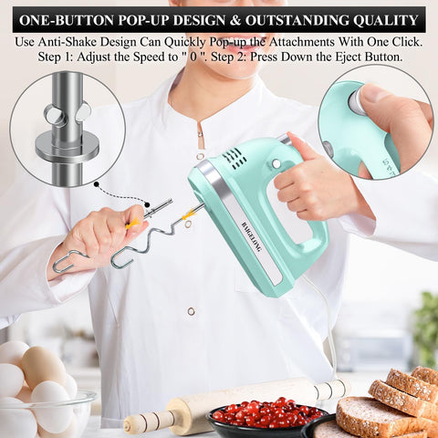 300W Hand Mixer with 5 Speeds + Turbo, 5 Stainless Steel Attachments – Powerful Kitchen Blender for Baking, GREEN
