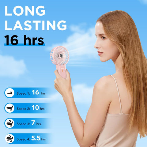 Portable Mini Handheld Fan - Rechargeable Neck Hanging Fans with 16-Hour Cooling, Personal Handy Fan 4-Speeds Foldable Pocket Fan for Summer Outdoor Travel Home Office - Pink