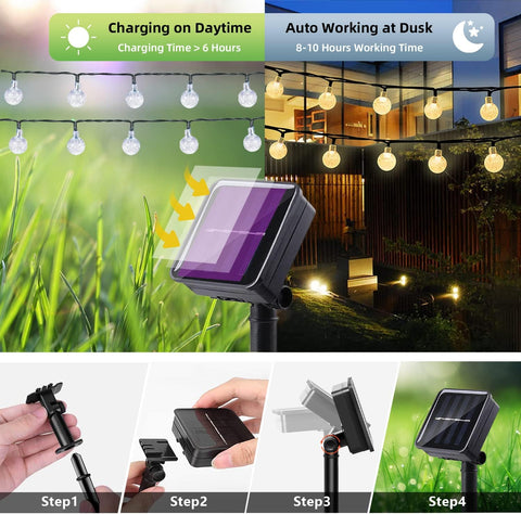 Solar-powered outdoor light system with charging and working time features, installation steps, and product usage scenarios.