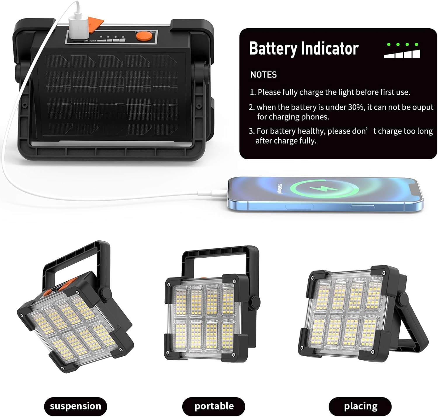 Portable LED work light with solar panel and battery indicator, shown with suspension, portable, and placing features.