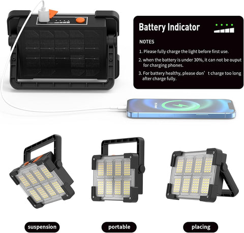 Portable LED work light with solar panel and battery indicator, shown with suspension, portable, and placing features.