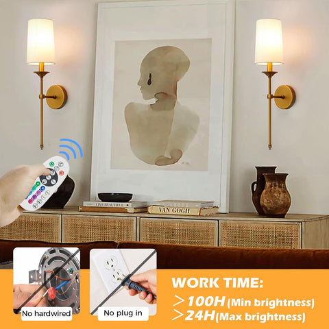 Battery Operated Wall Sconce Set of Two,Modern with Remote Control Dimmable Wall Lighting Indoor