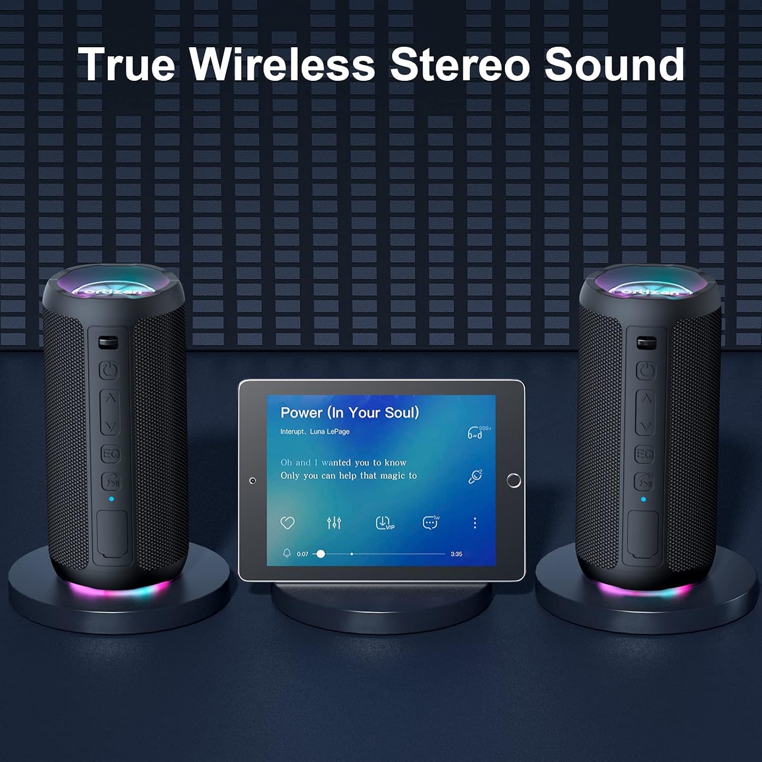 True wireless stereo sound system with two speakers and a central control panel on a dark background.