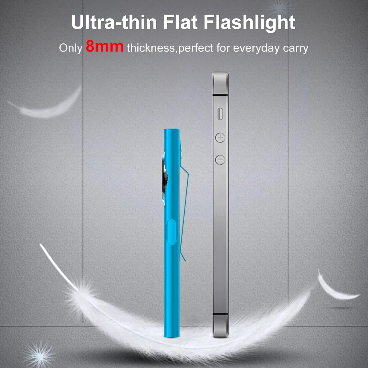 Ultra-thin flat flashlight with blue and silver colors on a gray background