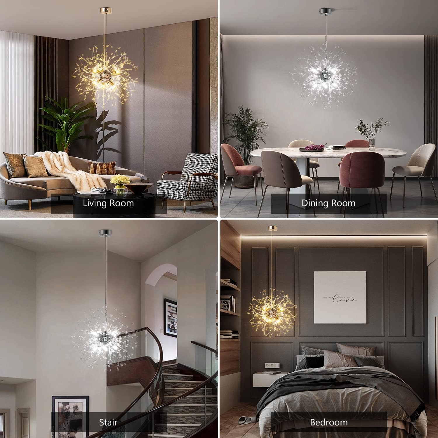 Collage of interior design scenes including a living room, dining room, stairwell, and bedroom with decorative lighting fixtures.