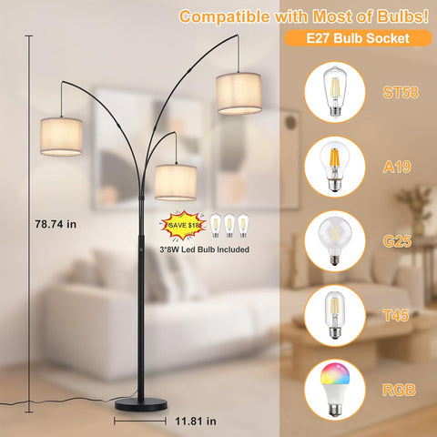 Modern 3-Light Tree Floor Lamp – Black Arc Standing Lamp with Grey Shades – Dimmable Tall Lamp for Living Room & Bedroom